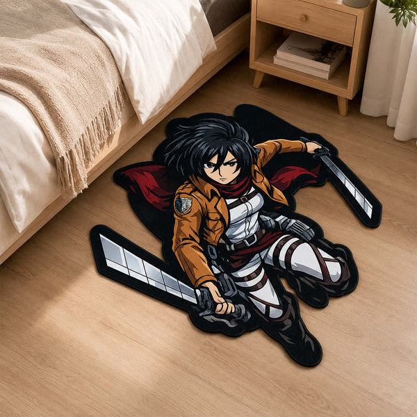 Mikasa Ackerman Attack on Titan Cut-out Flat Rug | Iconic Anime Warrior Floor Rug | Premium Manga Room Decor