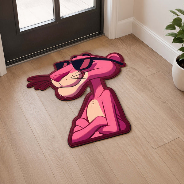 Pink Panther Cartoon Cut-out Flat Rug | Cool Pink Panther Sunglasses Flat Rug | Retro Cartoon & Gaming Room Floor Decor