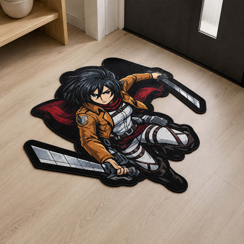 Mikasa Ackerman Attack on Titan Cut-out Flat Rug | Iconic Anime Warrior Floor Rug | Premium Manga Room Decor