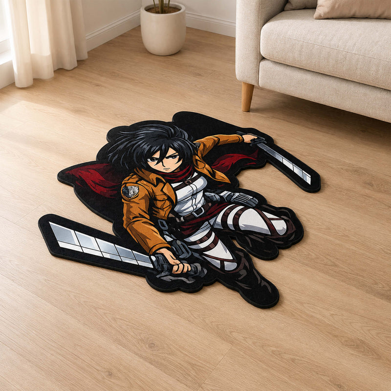 Mikasa Ackerman Attack on Titan Cut-out Flat Rug | Iconic Anime Warrior Floor Rug | Premium Manga Room Decor
