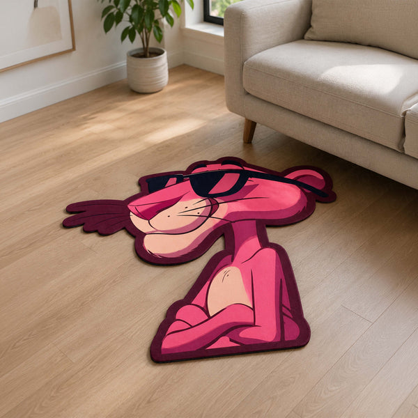 Pink Panther Cartoon Cut-out Flat Rug | Cool Pink Panther Sunglasses Flat Rug | Retro Cartoon & Gaming Room Floor Decor