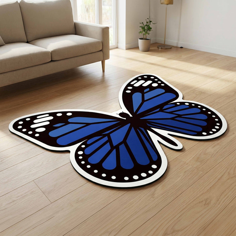 Blue Butterfly Art Floor Mat (3 mm Thick) | Aesthetic Butterfly Shaped Rug for Living Room, Bedroom, Entryway & Modern Home Decor