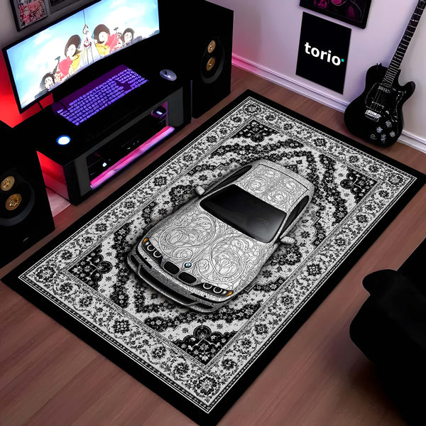 BMW Luxury Persian Wrap Area Rug | Premium Sports Car Floor Mat | Monochrome Floral Automotive Rug for Bedroom, Gaming Room, Garage & Car Enthusiast Decor