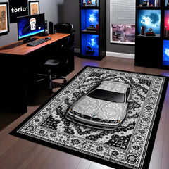 BMW Luxury Persian Wrap Area Rug | Premium Sports Car Floor Mat | Monochrome Floral Automotive Rug for Bedroom, Gaming Room, Garage & Car Enthusiast Decor