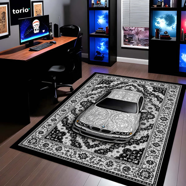 BMW Luxury Persian Wrap Area Rug | Premium Sports Car Floor Mat | Monochrome Floral Automotive Rug for Bedroom, Gaming Room, Garage & Car Enthusiast Decor