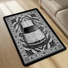 BMW Luxury Persian Wrap Area Rug | Premium Sports Car Floor Mat | Monochrome Floral Automotive Rug for Bedroom, Gaming Room, Garage & Car Enthusiast Decor
