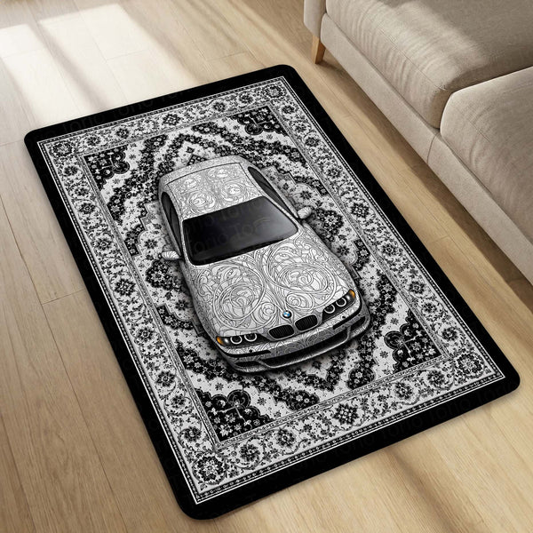 BMW Luxury Persian Wrap Area Rug | Premium Sports Car Floor Mat | Monochrome Floral Automotive Rug for Bedroom, Gaming Room, Garage & Car Enthusiast Decor