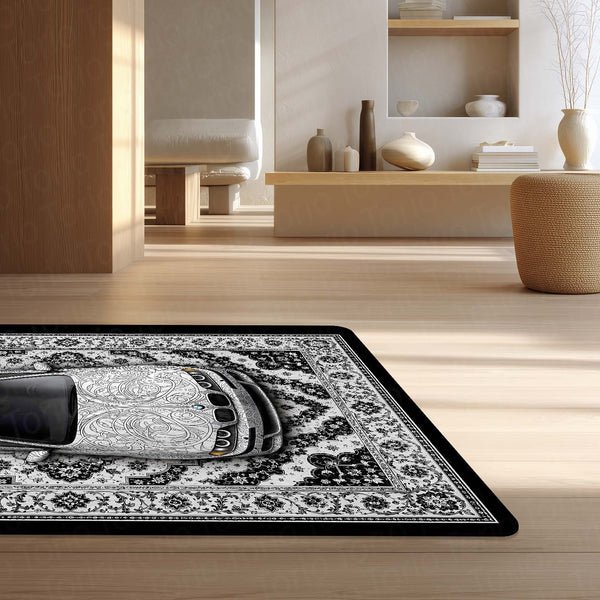 BMW Luxury Persian Wrap Area Rug | Premium Sports Car Floor Mat | Monochrome Floral Automotive Rug for Bedroom, Gaming Room, Garage & Car Enthusiast Decor