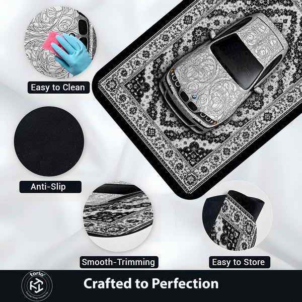 BMW Luxury Persian Wrap Area Rug | Premium Sports Car Floor Mat | Monochrome Floral Automotive Rug for Bedroom, Gaming Room, Garage & Car Enthusiast Decor