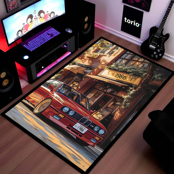 BMW E30 M3 Vintage Car Area Rug | Classic BMW Sports Car Floor Mat | Automotive Enthusiast Rug for Bedroom, Gaming Room & Garage Decor
