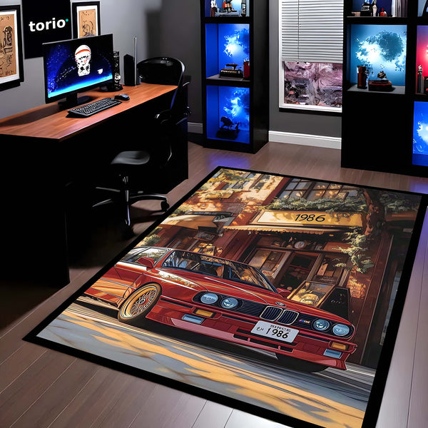 BMW E30 M3 Vintage Car Area Rug | Classic BMW Sports Car Floor Mat | Automotive Enthusiast Rug for Bedroom, Gaming Room & Garage Decor