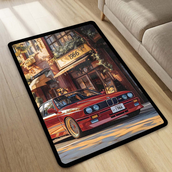 BMW E30 M3 Vintage Car Area Rug | Classic BMW Sports Car Floor Mat | Automotive Enthusiast Rug for Bedroom, Gaming Room & Garage Decor
