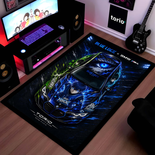 Blue Lock BMW M4 Anime Area Rug | Isagi Yoichi Sports Car Floor Mat | Blue Lock x BMW Gaming Rug for Bedroom, Gaming Room, Anime Setup & Otaku Decor