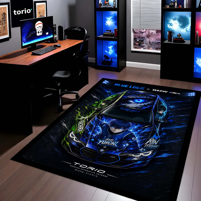 Blue Lock BMW M4 Anime Area Rug | Isagi Yoichi Sports Car Floor Mat | Blue Lock x BMW Gaming Rug for Bedroom, Gaming Room, Anime Setup & Otaku Decor