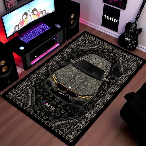 BMW M5 Persian Pattern Area Rug | Luxury Performance Sedan Floor Mat | Black & Grey Automotive Rug for Bedroom, Gaming Room, Garage & BMW Enthusiast Decor