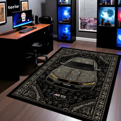 BMW M5 Persian Pattern Area Rug | Luxury Performance Sedan Floor Mat | Black & Grey Automotive Rug for Bedroom, Gaming Room, Garage & BMW Enthusiast Decor