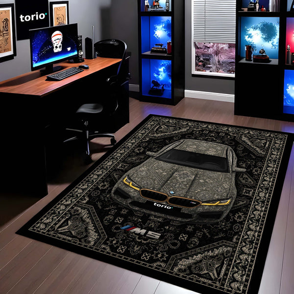 BMW M5 Persian Pattern Area Rug | Luxury Performance Sedan Floor Mat | Black & Grey Automotive Rug for Bedroom, Gaming Room, Garage & BMW Enthusiast Decor