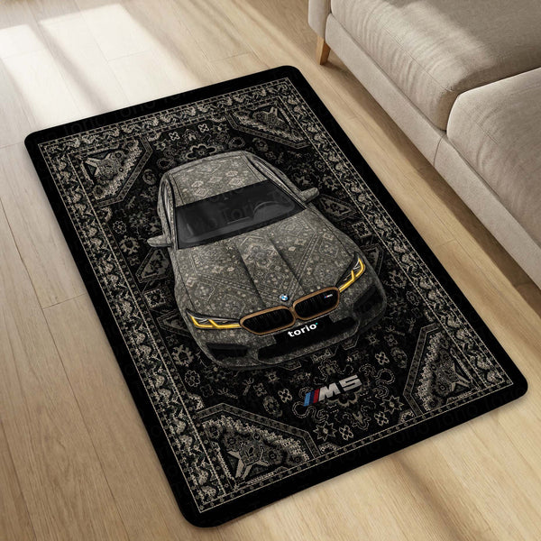BMW M5 Persian Pattern Area Rug | Luxury Performance Sedan Floor Mat | Black & Grey Automotive Rug for Bedroom, Gaming Room, Garage & BMW Enthusiast Decor