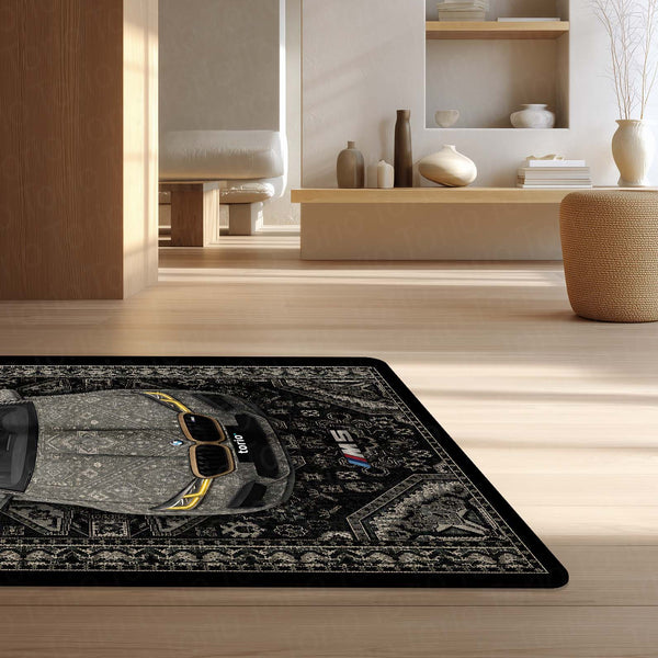 BMW M5 Persian Pattern Area Rug | Luxury Performance Sedan Floor Mat | Black & Grey Automotive Rug for Bedroom, Gaming Room, Garage & BMW Enthusiast Decor