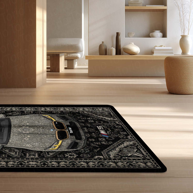 BMW M5 Persian Pattern Area Rug | Luxury Performance Sedan Floor Mat | Black & Grey Automotive Rug for Bedroom, Gaming Room, Garage & BMW Enthusiast Decor