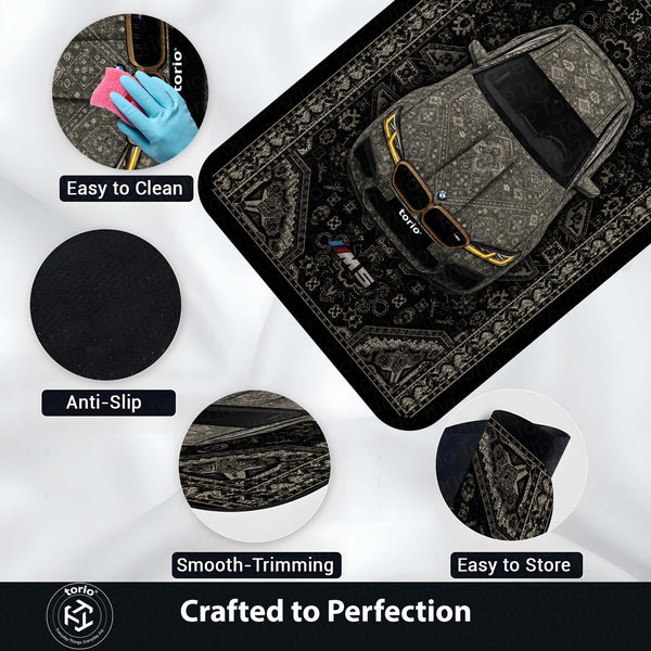BMW M5 Persian Pattern Area Rug | Luxury Performance Sedan Floor Mat | Black & Grey Automotive Rug for Bedroom, Gaming Room, Garage & BMW Enthusiast Decor