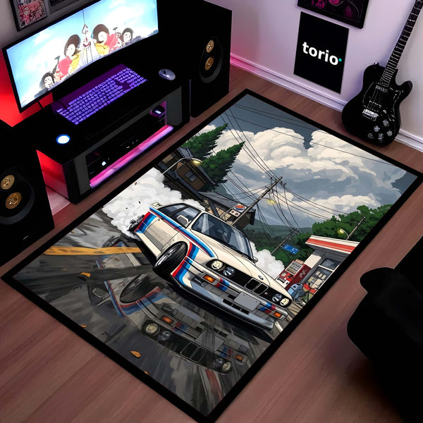 BMW E30 M3 Drift Area Flat Rug | BMW Motorsport Drift Car Street Racing Flat Rug | Premium Automotive Area Floor Decor
