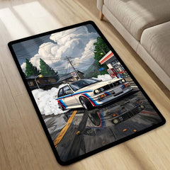 BMW E30 M3 Drift Area Flat Rug | BMW Motorsport Drift Car Street Racing Flat Rug | Premium Automotive Area Floor Decor