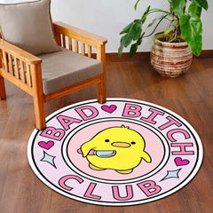 Bad Bitch Club Round Rug | Cute Yellow Duck Aesthetic Circle Floor Mat | Anti-Slip 3 mm Absorbent Rug for Bedroom, Vanity Room & Kawaii Decor