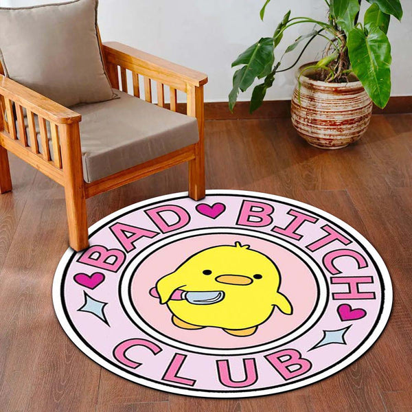 Bad Bitch Club Round Rug | Cute Yellow Duck Aesthetic Circle Floor Mat | Anti-Slip 3 mm Absorbent Rug for Bedroom, Vanity Room & Kawaii Decor