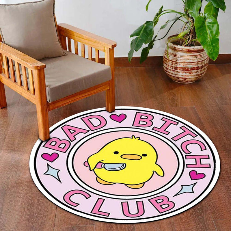 Bad Bitch Club Round Rug | Cute Yellow Duck Aesthetic Circle Floor Mat | Anti-Slip 3 mm Absorbent Rug for Bedroom, Vanity Room & Kawaii Decor