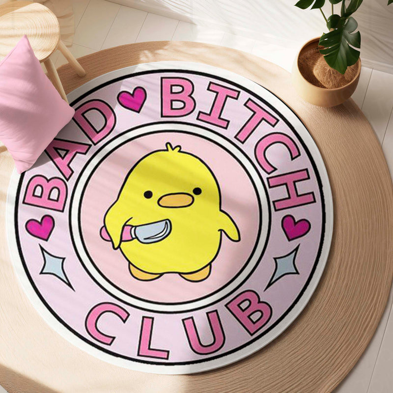Bad Bitch Club Round Rug | Cute Yellow Duck Aesthetic Circle Floor Mat | Anti-Slip 3 mm Absorbent Rug for Bedroom, Vanity Room & Kawaii Decor