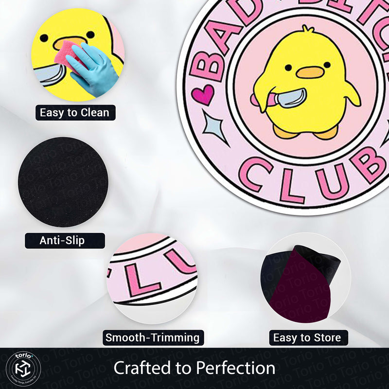 Bad Bitch Club Round Rug | Cute Yellow Duck Aesthetic Circle Floor Mat | Anti-Slip 3 mm Absorbent Rug for Bedroom, Vanity Room & Kawaii Decor