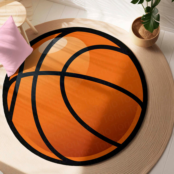 Basketball Rounded Flat Rug | Sports Ball Printed Rounded Flat Rug | Premium Sports Room & Gaming Room Floor Decor