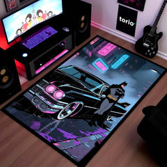 Batman Neon City Area Rug | Retro Batmobile Floor Mat | Dark Knight Gaming Rug | Cyberpunk Superhero Room Decor Carpet for Bedroom, Gaming Setup, Studio & Home