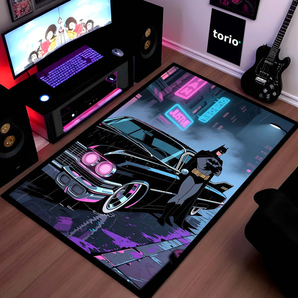 Batman Neon City Area Rug | Retro Batmobile Floor Mat | Dark Knight Gaming Rug | Cyberpunk Superhero Room Decor Carpet for Bedroom, Gaming Setup, Studio & Home