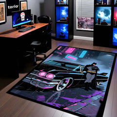 Batman Neon City Area Rug | Retro Batmobile Floor Mat | Dark Knight Gaming Rug | Cyberpunk Superhero Room Decor Carpet for Bedroom, Gaming Setup, Studio & Home