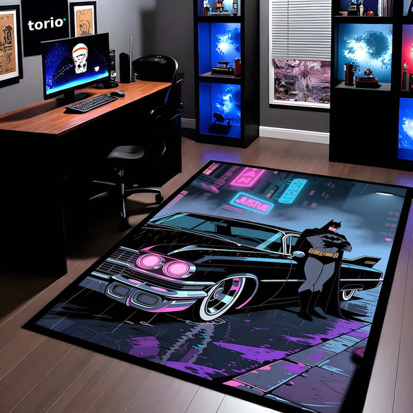Batman Neon City Area Rug | Retro Batmobile Floor Mat | Dark Knight Gaming Rug | Cyberpunk Superhero Room Decor Carpet for Bedroom, Gaming Setup, Studio & Home