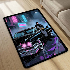 Batman Neon City Area Rug | Retro Batmobile Floor Mat | Dark Knight Gaming Rug | Cyberpunk Superhero Room Decor Carpet for Bedroom, Gaming Setup, Studio & Home