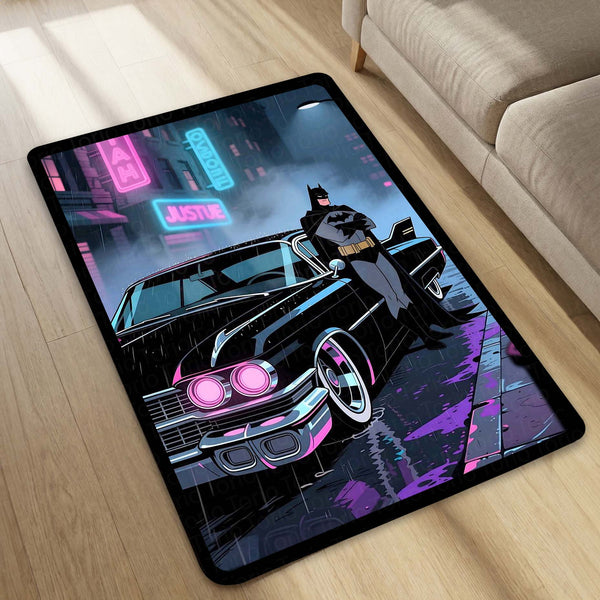 Batman Neon City Area Rug | Retro Batmobile Floor Mat | Dark Knight Gaming Rug | Cyberpunk Superhero Room Decor Carpet for Bedroom, Gaming Setup, Studio & Home