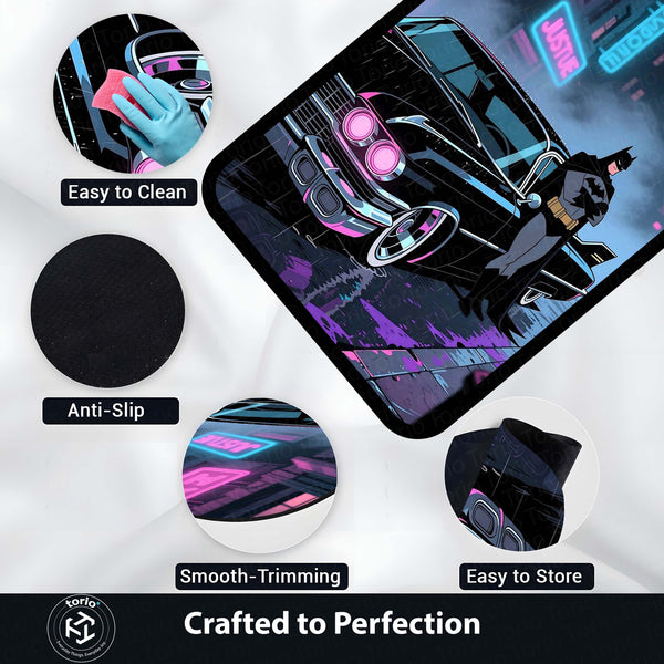 Batman Neon City Area Rug | Retro Batmobile Floor Mat | Dark Knight Gaming Rug | Cyberpunk Superhero Room Decor Carpet for Bedroom, Gaming Setup, Studio & Home