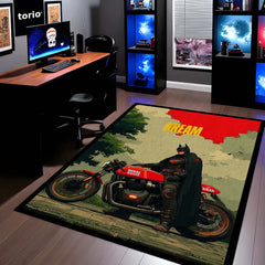 Batman Bike Area Rug | Superhero Motorcycle Floor Mat | Dark Knight Aesthetic Rug for Bedroom, Gaming Room & Boys Room Decor | Anti Slip Washable 3 mm Thin Carpet
