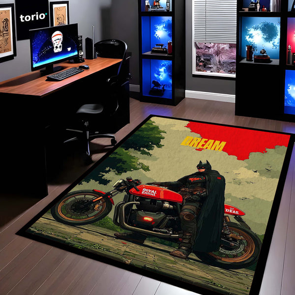 Batman Bike Area Rug | Superhero Motorcycle Floor Mat | Dark Knight Aesthetic Rug for Bedroom, Gaming Room & Boys Room Decor | Anti Slip Washable 3 mm Thin Carpet