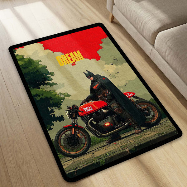 Batman Bike Area Rug | Superhero Motorcycle Floor Mat | Dark Knight Aesthetic Rug for Bedroom, Gaming Room & Boys Room Decor | Anti Slip Washable 3 mm Thin Carpet