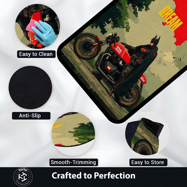 Batman Bike Area Rug | Superhero Motorcycle Floor Mat | Dark Knight Aesthetic Rug for Bedroom, Gaming Room & Boys Room Decor | Anti Slip Washable 3 mm Thin Carpet