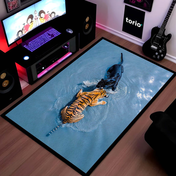 Tiger vs Black Panther Floor Mat | Wildlife Animal Area Rug | Anti-Slip 3mm Absorbent Floor Mat for Living Room, Bedroom, Office & Modern Decor