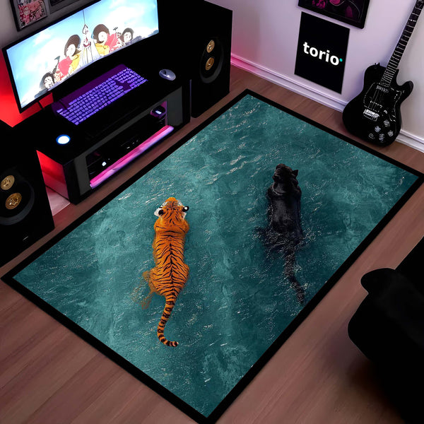 Tiger & Black Panther Area Rug | Wildlife Animal Floor Mat | Aesthetic Jungle Theme Rug for Living Room, Bedroom & Gaming Room | Anti Slip Washable 3 mm Thin Carpet