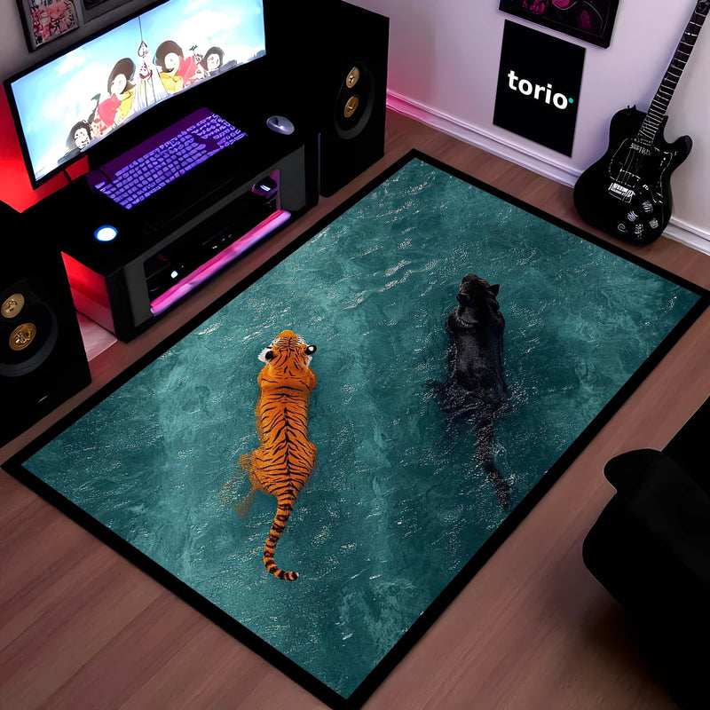 Tiger & Black Panther Area Rug | Wildlife Animal Floor Mat | Aesthetic Jungle Theme Rug for Living Room, Bedroom & Gaming Room | Anti Slip Washable 3 mm Thin Carpet