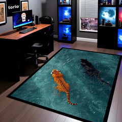 Tiger & Black Panther Area Rug | Wildlife Animal Floor Mat | Aesthetic Jungle Theme Rug for Living Room, Bedroom & Gaming Room | Anti Slip Washable 3 mm Thin Carpet