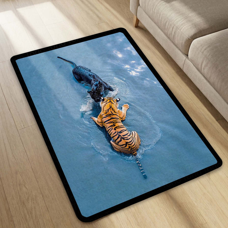 Tiger vs Black Panther Floor Mat | Wildlife Animal Area Rug | Anti-Slip 3mm Absorbent Floor Mat for Living Room, Bedroom, Office & Modern Decor