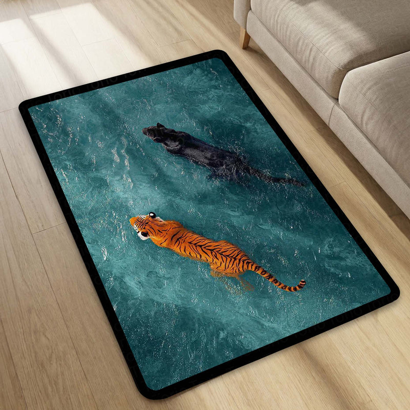 Tiger & Black Panther Area Rug | Wildlife Animal Floor Mat | Aesthetic Jungle Theme Rug for Living Room, Bedroom & Gaming Room | Anti Slip Washable 3 mm Thin Carpet